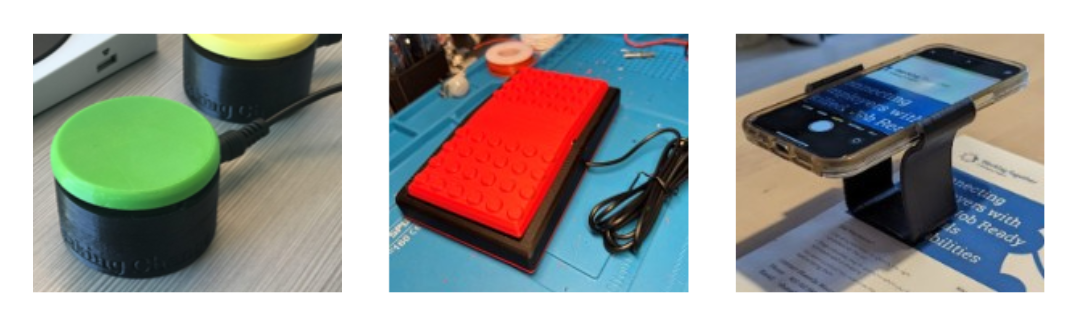 Three images that include adaptive 3D printed switch enabling users with physical disabilities to navigate through multidirectional input; custom 3D-printed rocker foot pedal designed to provide accessible foot-operated input for users with limited hand mobility; and custom 3D-printed stand that combines smartphone holder featuring an integrated magnifying lens for screen enlargement.
